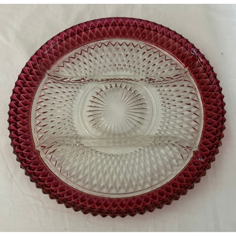 Vintage Glass Relish Dish 3 Section Ruby Red Clear Diamond Point 12" Tray